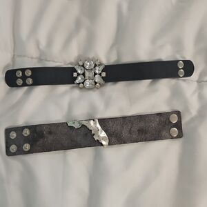 Set Of 2 Black Faux Leather Bracelets with Silver Accents - FL and Rhinestone